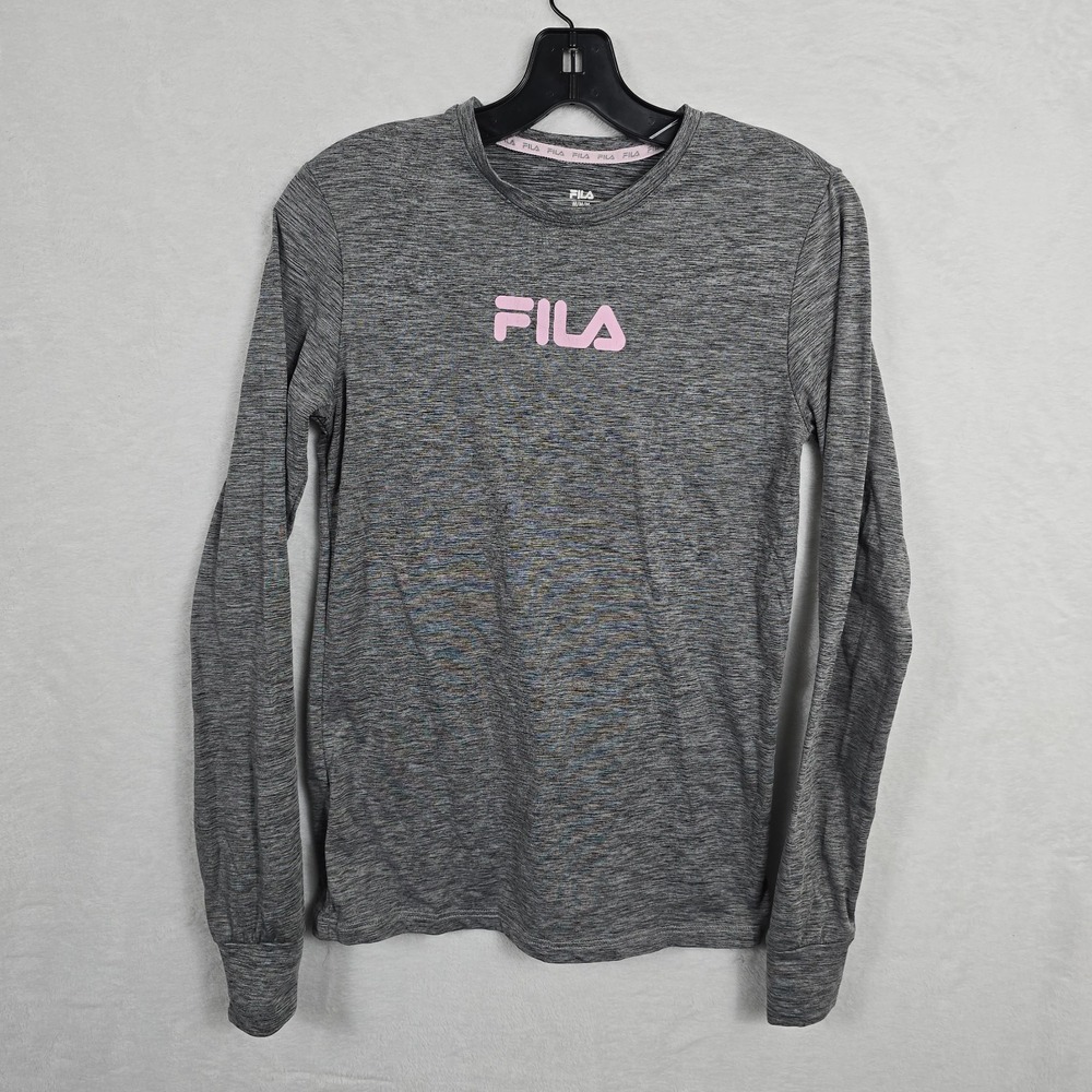 FILA Women's Size Medium Gray Long Sleeve Performance Shirt Pink Logo